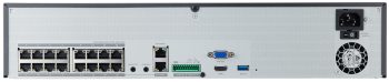 Hanwha Vision WiseNet XRN-1620SB1 NVR. 16-channel, 4K recording, PoE+ ports, AI search, and up to 24TB storage. Compatible with Wisenet IP cameras for seamless integration. Set up for remote viewing with Wisenet DDNS and a mobile app, Back View.