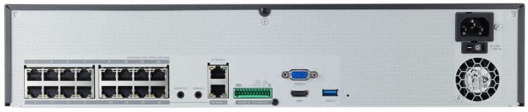 Hanwha Vision WiseNet XRN-1620SB1 NVR. 16-channel, 4K recording, PoE+ ports, AI search, and up to 24TB storage. Compatible with Wisenet IP cameras for seamless integration. Set up for remote viewing with Wisenet DDNS and a mobile app, Back View.