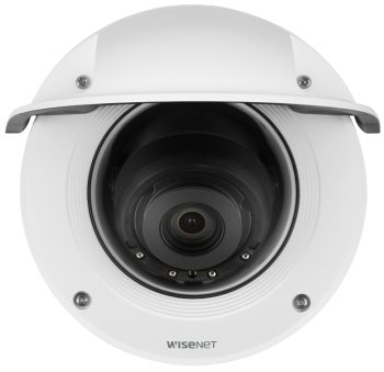 Hanwha XNV-9082R 4K Network Dome Camera. Featuring 1/2.8” CMOS sensor, 131ft (39.93 m) night vision, and 3x optical zoom. Available in black and white Sunshade Front View.