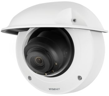 Hanwha XNV-9082R 4K Network Dome Camera. Featuring 1/2.8” CMOS sensor, 131ft (39.93 m) night vision, and 3x optical zoom. Available in black and white Sunshade Side View.