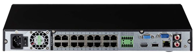 Eyemax EMNT-5216-16P-4K NVR. With 16 channels 16-PoE, 4K support and Automatic Network Replenishment Technology. It’s the ultimate choice for high-quality reliable recording Back View.