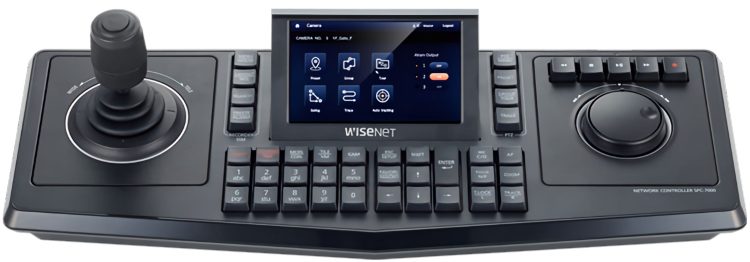 Hanwha Vision SPC-7000 control keyboard. Featuring a 5" touch display and responsive PTZ joystick, it's user-friendly and versatile Joystick position on left side. Get all your PTZ accessories from Collsam Security.