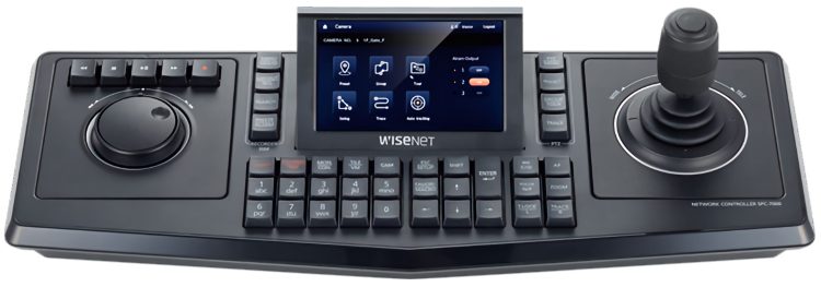 Hanwha Vision SPC-7000 control keyboard. Featuring a 5" touch display and responsive PTZ joystick, it's user-friendly and versatile Joystick position on Right side. Get all your PTZ accessories from Collsam Security.