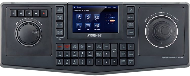 Hanwha Vision SPC-7000 control keyboard. Featuring a 5" touch display and responsive PTZ joystick, it's user-friendly and versatile Top View. Get all your PTZ accessories from Collsam Security.
