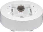 Hanwha SBD-140PMW pole mount base for outdoor security cameras, weather-resistant, NDAA compliant, white finish. Fits TR20 sizing for camera attachment screws and TR30 formatting for the pole straps. Fully certified under cULus, EAC, FCC, and NDAA security standards. This bracket natively fits several Hanwha series domes and micro-domes: QNV-C Series, QND Series, QNE & LND Series, and ANE Series.