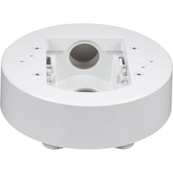Hanwha SBD-140PMW pole mount base for outdoor security cameras, weather-resistant, NDAA compliant, white finish. Fits TR20 sizing for camera attachment screws and TR30 formatting for the pole straps. Fully certified under cULus, EAC, FCC, and NDAA security standards. This bracket natively fits several Hanwha series domes and micro-domes: QNV-C Series, QND Series, QNE & LND Series, and ANE Series.