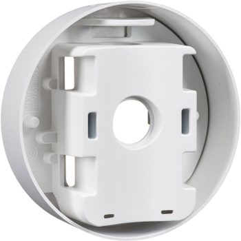 Hanwha SBD-140PMW pole mount base for outdoor security cameras, weather-resistant, NDAA compliant, white finish. Fits TR20 sizing for camera attachment screws and TR30 formatting for the pole straps. Fully certified under cULus, EAC, FCC, and NDAA security standards. This bracket natively fits several Hanwha series domes and micro-domes: QNV-C Series, QND Series, QNE & LND Series, and ANE Series.
