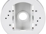 Hanwha SBD-140PMW pole mount base for outdoor security cameras, weather-resistant, NDAA compliant, white finish. Fits TR20 sizing for camera attachment screws and TR30 formatting for the pole straps. Fully certified under cULus, EAC, FCC, and NDAA security standards. This bracket natively fits several Hanwha series domes and micro-domes: QNV-C Series, QND Series, QNE & LND Series, and ANE Series.