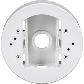 Hanwha SBD-140PMW pole mount base for outdoor security cameras, weather-resistant, NDAA compliant, white finish. Fits TR20 sizing for camera attachment screws and TR30 formatting for the pole straps. Fully certified under cULus, EAC, FCC, and NDAA security standards. This bracket natively fits several Hanwha series domes and micro-domes: QNV-C Series, QND Series, QNE & LND Series, and ANE Series.