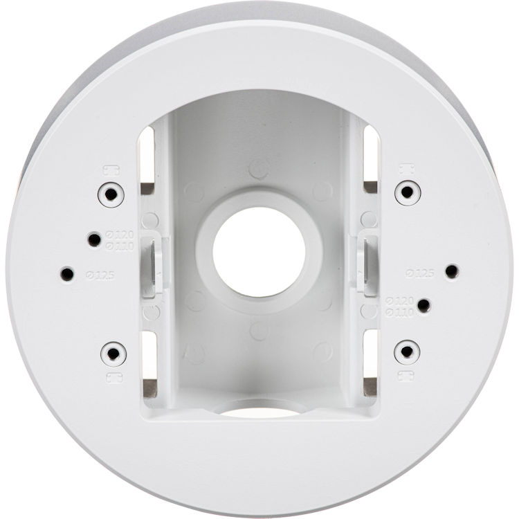 Hanwha SBD-140PMW pole mount base for outdoor security cameras, weather-resistant, NDAA compliant, white finish. Fits TR20 sizing for camera attachment screws and TR30 formatting for the pole straps. Fully certified under cULus, EAC, FCC, and NDAA security standards. This bracket natively fits several Hanwha series domes and micro-domes: QNV-C Series, QND Series, QNE & LND Series, and ANE Series.