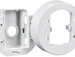 Hanwha SBD-140PMW pole mount base for outdoor security cameras, weather-resistant, NDAA compliant, white finish. Fits TR20 sizing for camera attachment screws and TR30 formatting for the pole straps. Fully certified under cULus, EAC, FCC, and NDAA security standards. This bracket natively fits several Hanwha series domes and micro-domes: QNV-C Series, QND Series, QNE & LND Series, and ANE Series.