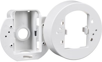 Hanwha SBD-140PMW pole mount base for outdoor security cameras, weather-resistant, NDAA compliant, white finish. Fits TR20 sizing for camera attachment screws and TR30 formatting for the pole straps. Fully certified under cULus, EAC, FCC, and NDAA security standards. This bracket natively fits several Hanwha series domes and micro-domes: QNV-C Series, QND Series, QNE & LND Series, and ANE Series.