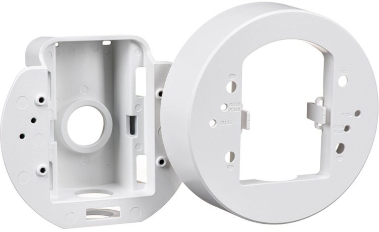 Hanwha SBD-140PMW pole mount base for outdoor security cameras, weather-resistant, NDAA compliant, white finish. Fits TR20 sizing for camera attachment screws and TR30 formatting for the pole straps. Fully certified under cULus, EAC, FCC, and NDAA security standards. This bracket natively fits several Hanwha series domes and micro-domes: QNV-C Series, QND Series, QNE & LND Series, and ANE Series.