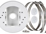 Hanwha SBD-140PMW pole mount base for outdoor security cameras, weather-resistant, NDAA compliant, white finish. Fits TR20 sizing for camera attachment screws and TR30 formatting for the pole straps. Fully certified under cULus, EAC, FCC, and NDAA security standards. This bracket natively fits several Hanwha series domes and micro-domes: QNV-C Series, QND Series, QNE & LND Series, and ANE Series.