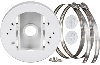 Hanwha SBD-140PMW pole mount base for outdoor security cameras, weather-resistant, NDAA compliant, white finish. Fits TR20 sizing for camera attachment screws and TR30 formatting for the pole straps. Fully certified under cULus, EAC, FCC, and NDAA security standards. This bracket natively fits several Hanwha series domes and micro-domes: QNV-C Series, QND Series, QNE & LND Series, and ANE Series.