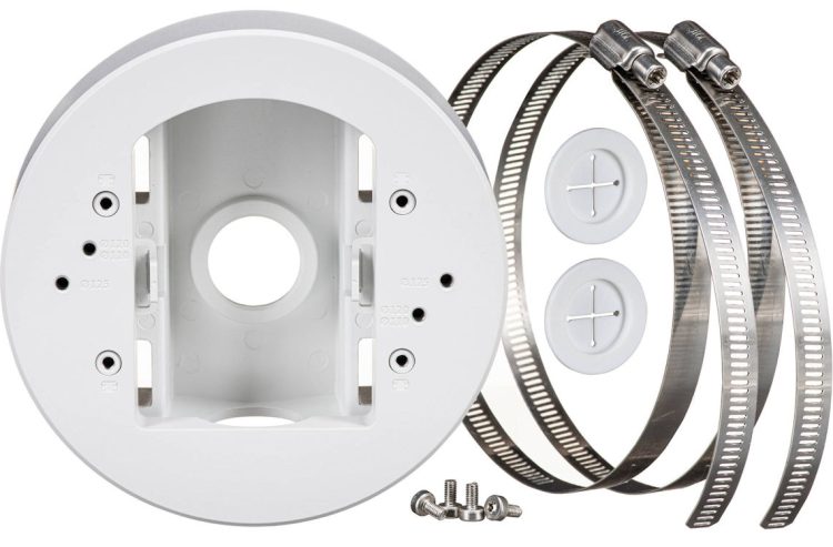 Hanwha SBD-140PMW pole mount base for outdoor security cameras, weather-resistant, NDAA compliant, white finish. Fits TR20 sizing for camera attachment screws and TR30 formatting for the pole straps. Fully certified under cULus, EAC, FCC, and NDAA security standards. This bracket natively fits several Hanwha series domes and micro-domes: QNV-C Series, QND Series, QNE & LND Series, and ANE Series.