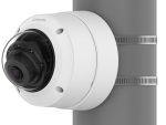 Hanwha SBD-140PMW pole mount base for outdoor security cameras, weather-resistant, NDAA compliant, white finish. Fits TR20 sizing for camera attachment screws and TR30 formatting for the pole straps. Fully certified under cULus, EAC, FCC, and NDAA security standards. This bracket natively fits several Hanwha series domes and micro-domes: QNV-C Series, QND Series, QNE & LND Series, and ANE Series.