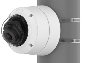 Hanwha SBD-140PMW pole mount base for outdoor security cameras, weather-resistant, NDAA compliant, white finish. Fits TR20 sizing for camera attachment screws and TR30 formatting for the pole straps. Fully certified under cULus, EAC, FCC, and NDAA security standards. This bracket natively fits several Hanwha series domes and micro-domes: QNV-C Series, QND Series, QNE & LND Series, and ANE Series.