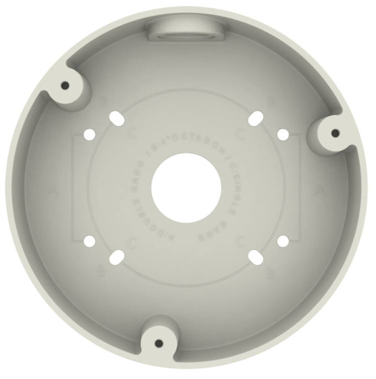 Enhance your surveillance system with Hanwha SBF-100B1 back box. Designed for Fisheye and Flateye cameras, in ivory. Compatible with SNF, PNF, XNF, and QNE SeriesFront View.