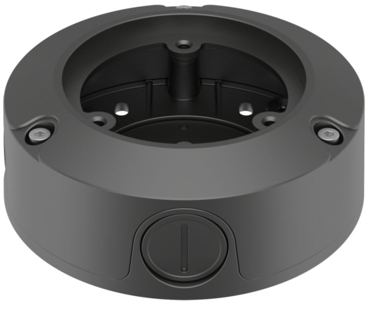 Hanwha SBO-100B1 aluminum back box. Designed for QNO, HCO, and SNO Series Bullet Cameras, with Gang box support and durable construction.