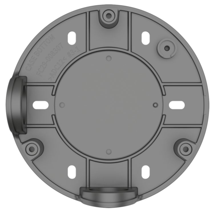 Hanwha SBO-100B1 aluminum back box. Designed for QNO, HCO, and SNO Series Bullet Cameras, with Gang box support and durable construction Back View.