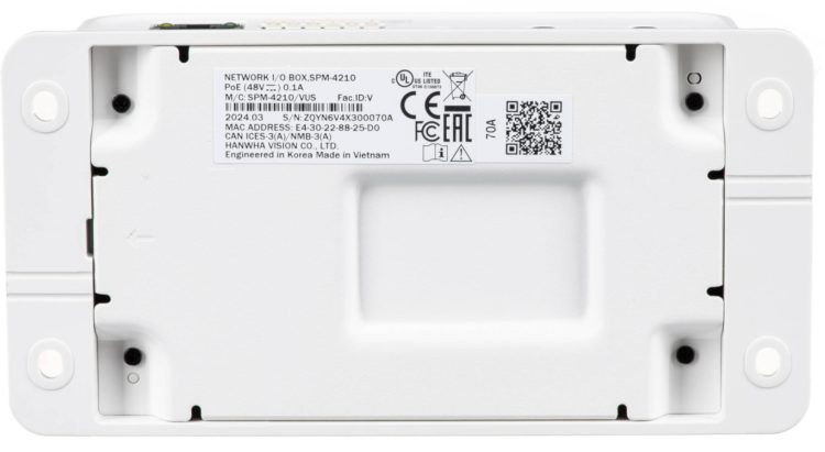 Enhance your Wisenet PTZ PLUS camera with the Hanwha SPM-4210 Network I/O Box. Add 4 I/O ports, 2 audio ports, and 802.3af PoE power. Compatible with various models for seamless integration Back View.