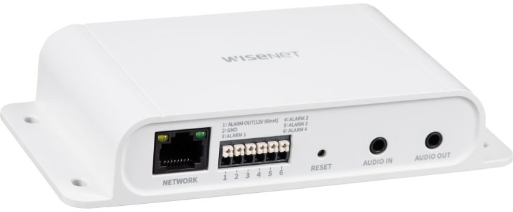 Enhance your Wisenet PTZ PLUS camera with the Hanwha SPM-4210 Network I/O Box. Add 4 I/O ports, 2 audio ports, and 802.3af PoE power. Compatible with various models for seamless integration Connector View Left View.