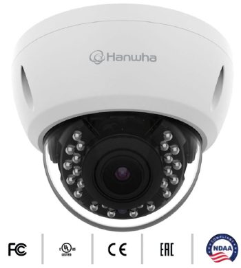 Hanwha Vision ACV-8081R 5MP vandal-resistant dome camera with IR, WDR, 3x zoom, NDAA compliance, and quad-hybrid output.
