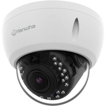 Hanwha Vision ACV-8081R 5MP vandal-resistant dome camera with IR, WDR, 3x zoom, NDAA compliance, and quad-hybrid output.