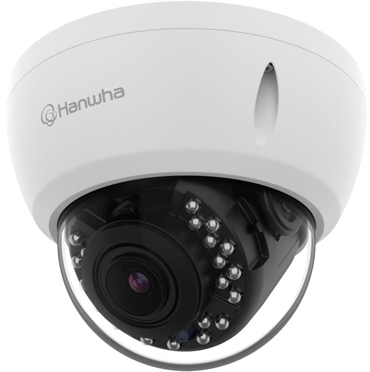 Hanwha Vision ACV-8081R 5MP vandal-resistant dome camera with IR, WDR, 3x zoom, NDAA compliance, and quad-hybrid output.