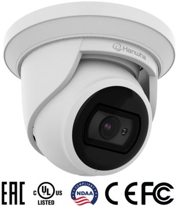 Hanwha Vision Wisenet ANE-L7012R 4MP outdoor IP camera with IR night vision, WDR, analytics, PoE, and NDAA compliance.