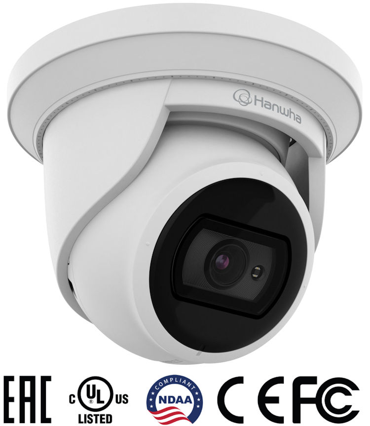 Hanwha Vision Wisenet ANE-L7012R 4MP outdoor IP camera with IR night vision, WDR, analytics, PoE, and NDAA compliance.