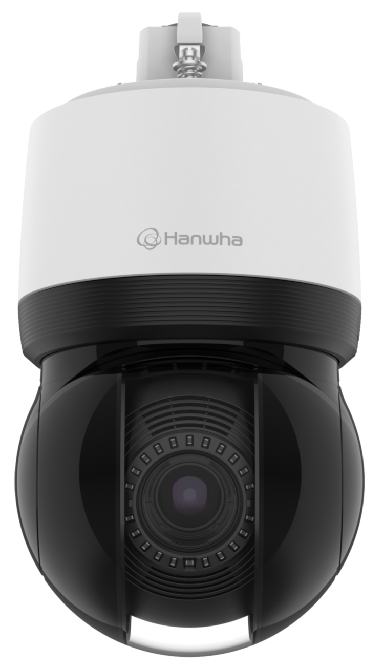 Hanwha XNP-C9253 4K 25x AI PTZ Network Camera. Featuring 8MP, pan/tilt/zoom, and AI analytics for ultimate surveillance Front View.