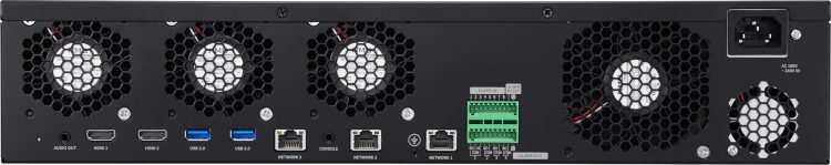 Hanwha XRN-3210RB2 8K NVR. With 32 channels, 80 TB storage, and advanced features like WiseStream technology and AI search, you'll have peace of mind knowing your property is secure Back View.