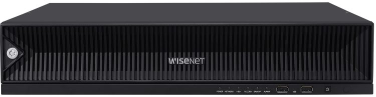 Hanwha XRN-3210RB2 8K NVR. With 32 channels, 80 TB storage, and advanced features like WiseStream technology and AI search, you'll have peace of mind knowing your property is secure Front View.