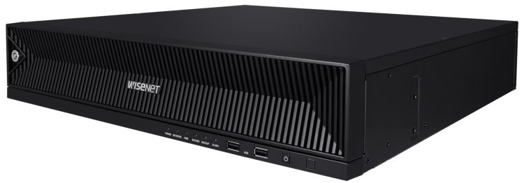 Hanwha XRN-3210RB2 8K NVR. With 32 channels, 80 TB storage, and advanced features like WiseStream technology and AI search, you'll have peace of mind knowing your property is secure Side View.