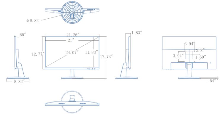 Hanwha SMT-2431, a 24-inch LED monitor with Full-HD resolution, 24/7 operation, and versatile input options Dimensions.