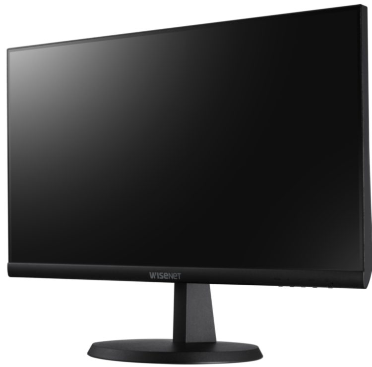 Hanwha SMT-2431, a 24-inch LED monitor with Full-HD resolution, 24/7 operation, and versatile input options Left View.
