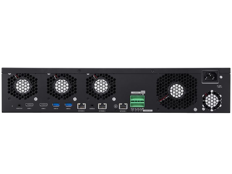 Hanwha Vision XRN-3210B2, a 32-channel NVR from the Wisenet X Series. With 400 Mbps network camera recording and up to 80 TB storage capacity, it's perfect for professional applications. Plus, features like WiseStream and AI search make it a top choice for optimizing storage and bandwidth. Order now and experience seamless video capture and management, Back View.