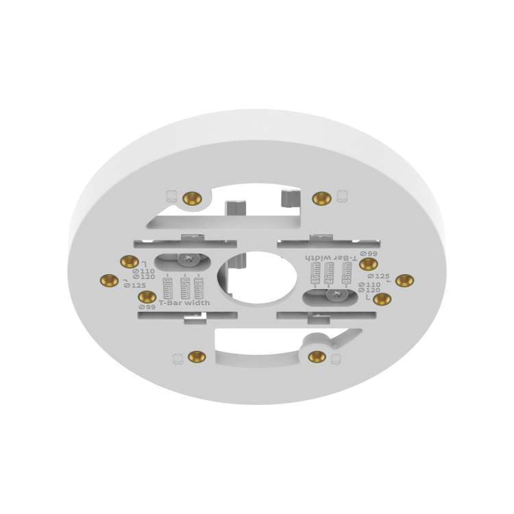 Hanwha SBP-140CMT ceiling mount angled view showing its white plate and threaded fixing holes
