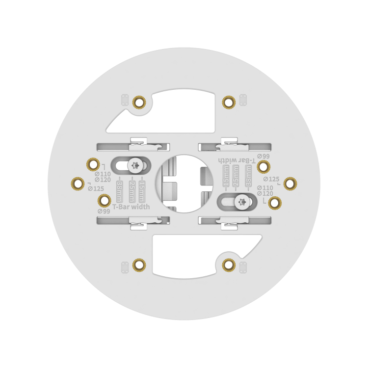 White ceiling mounting plate face with camera screw holes and T-bar width markings