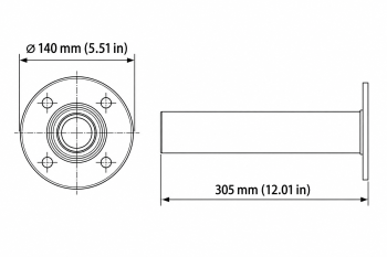 Pendant mount dimensions showing 140 mm flange diameter and 305 mm overall height