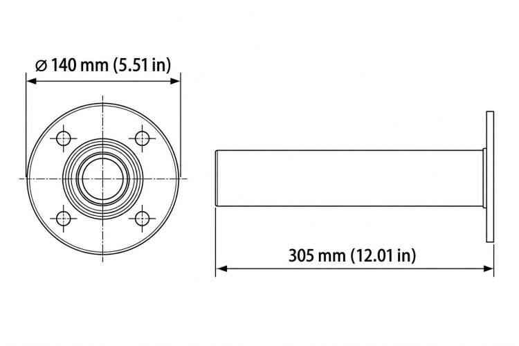 Pendant mount dimensions showing 140 mm flange diameter and 305 mm overall height