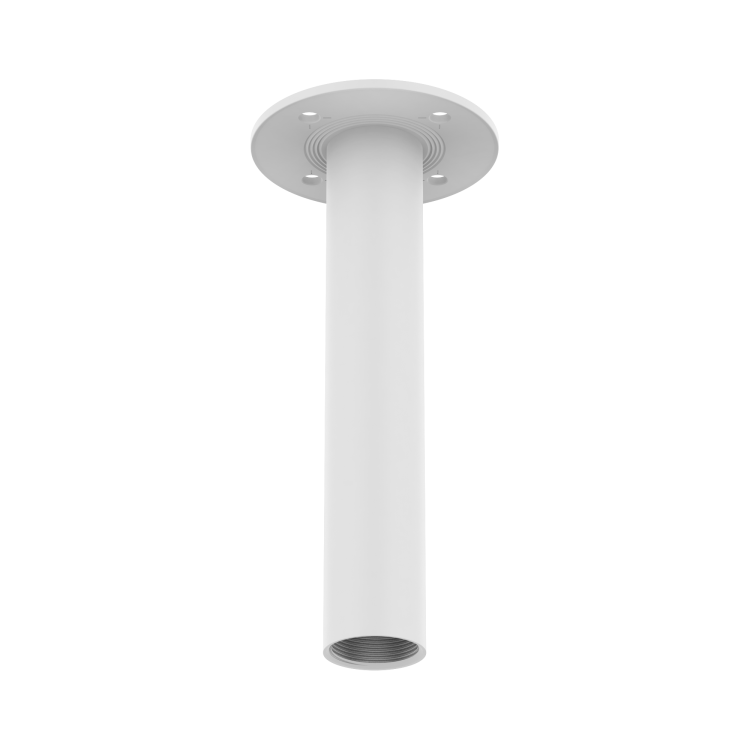 Hanwha SBP-300CMI pendant mount front angle showing its white pipe and ceiling flange
