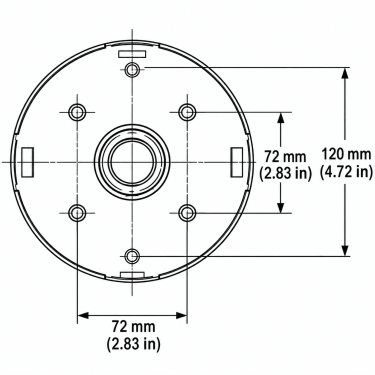 Ceiling mounting plate hole spacing of 72 by 72 mm and 120 mm between centerline holes