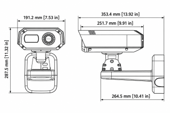 Hanwha TNM-C4940TD thermal camera front and side dimensions in millimeters and inches