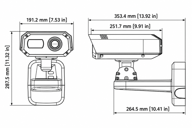 Hanwha TNM-C4940TD thermal camera front and side dimensions in millimeters and inches