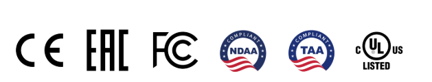 CE, EAC, FCC, NDAA, TAA and UL Listed compliance marks