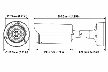 Hanwha TNO-L3030T thermal camera front and side dimensions in millimeters and inches