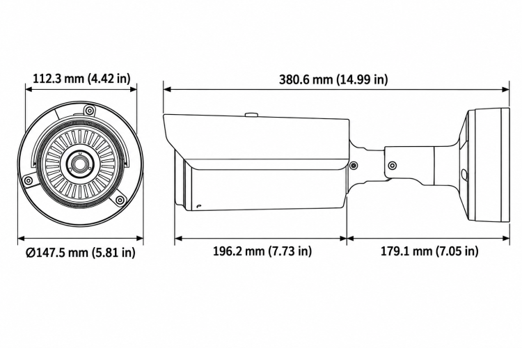 Hanwha TNO-L3030T thermal camera front and side dimensions in millimeters and inches